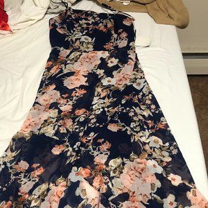 Navy Blue Floral Print High-Low Dress